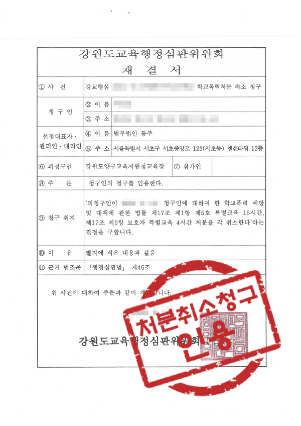 학폭처분취소 행정심판 학폭위처분 학폭위특별교육 사이버폭력 학교폭력